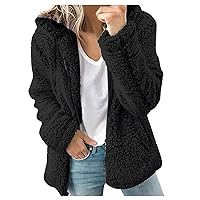 Women's Faux Fur Fleece Fluffy Coat Zip Up Drawstring Long Sleeve Fuzzy Jacket with Hood 2023 Winter Warm Outerwear