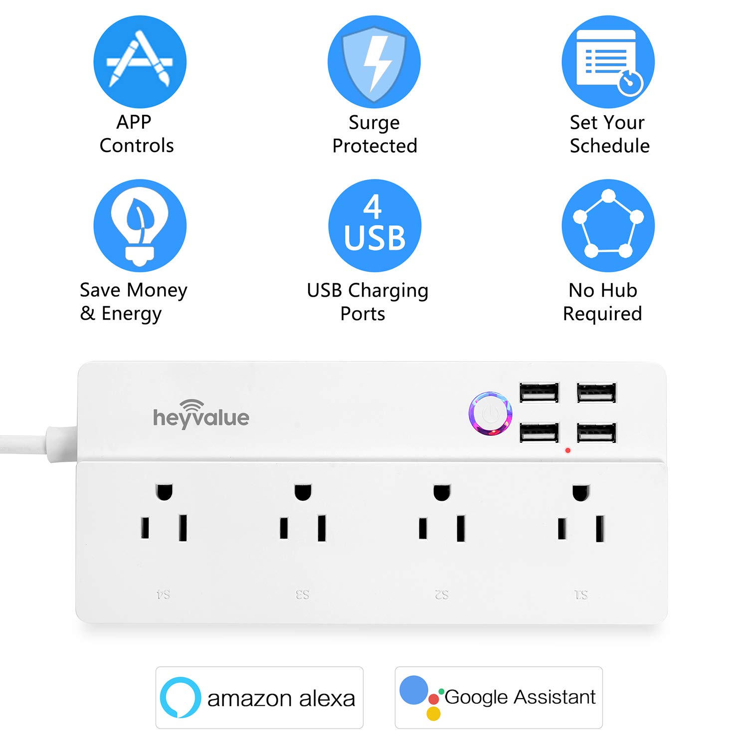 Smart Power Strip, Wifi Surge Protector, Voice Control with Alexa & Google Home, 4 AC Outlets 4 USB Port with 6-Foot Cord, App Control Appliances, Individual Control, Timing Schedule, No Hub Required