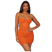 Summer Dresses for Women 2022 Chain Detail Ruched Mesh Bustier Dress (Color : Orange, Size : XS)