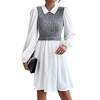 Dresses for Women Women's Dress Contrast Collar Puff Sleeve Dress Dresses (Color : Light Grey, Size : Medium)