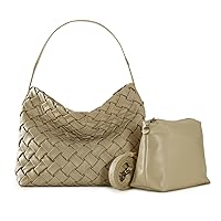 Woven Bag with Purse Set for Women, Vegan Leather Tote Bag Handmade Shoulder Bag Top-handle Handbag for Travel Work