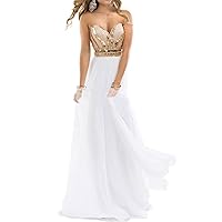 Lorderqueen Women's Sweetheart White Chiffon Gold Sequin Long Prom Dresses