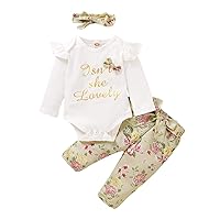Isn't She Lovely Newborn Baby Girls Coming Home Outfit Ruffle Romper + Floral Long Pants + Headband 3PCS Clothes Set
