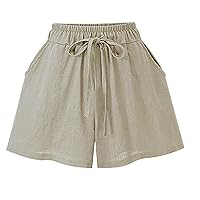 Women Trendy Summer Shorts Imitation Cotton Linen Shorts Elastic Waist Wide Leg Beach Shorts with Drawstring and Pocket