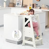Toddler Kitchen Stool Helper - Toddler Tower with Message Boards & Safty Rail, Adjustable Height Kids Kitchen Step Stool, Chalkboard and Whiteboard, Anti-Slip Protection,Wooden Toddler counter (Beige)