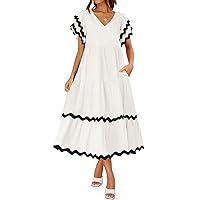 ZESICA Womens 2024 Summer Casual Midi Dresses V Neck Flutter Short Sleeve Ruffle Tiered A Line Flowy Beach Long Dress