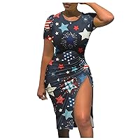 4th of July Dress Women American Flag Patriotic Dresses Sexy Short Sleeve Drawstring Side Split Bodycon Ruched Midi Dress