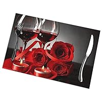 Red Wine Rose Placemats Set of 6 Pieces,Dining Table Washable Rose Table Mats for Kitchen Dining Home Decoration, 12 X 18 Inch