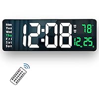 Digital Wall Clock Large Display, 16.2” LED Digital Clock with Temperature and Auto Dimming, Easy Track The Time, Date and Day of Week, with Remote Control (Green)