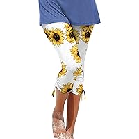 Women Sunflower Cropped Leggings Elastic Waisted Floral Print Compression Running Workout Yoga Capris Tights Yoga Pants