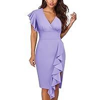 Knitee Women's Deep-V Neck Ruffle Sleeves Cocktail Party Pencil Slit Formal Dress