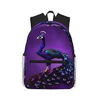 Purple Peacock Pattern Print Backpack For Women Men, Laptop Bookbag,Lightweight Casual Travel Daypack