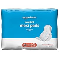 Amazon Basics Thick Maxi Pads with Flexi-Wings for Periods, Overnight Absorbency, Unscented, Size 4, 28 Count, 1 Pack (Previously Solimo)