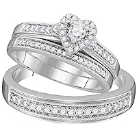The Diamond Deal 10kt White Gold His & Hers Round Diamond Heart Matching Bridal Wedding Ring Band Set 1/2 Cttw