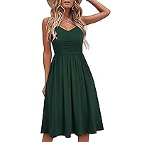 Sale Clearance Items Women Sleeveless Cami Vacation Dress Summer Spaghetti Strap Sundress Ruched Pleated A Line Midi Dress Beach Dresess Cache Maillot Army Green