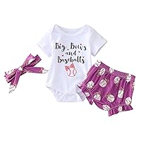 Swaddling Set Infant Girls Short Sleeve Baseball Prints Tops Shorts Romper Bodysuit Headbands Outfits 2t Outfits (White, 0-6 Months)