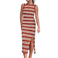Women's Sleeveless Summer Dresses 2024 Crew Neck Casual Sundress Hollow Out Side Slit Bodycon Knit Long Tank Dress