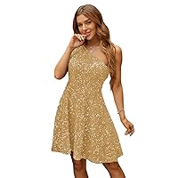 Tsbridal Women's Short One Shoulder Sparkly Homecoming Dresses A Line Sequin Prom Cocktail Party Dress for Teens