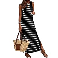 QACOHU Women 2024 Casual Maxi Dress Short Sleeve V Neck Stripe Sundress Split Loose Long Summer Beach T Shirt Dresses