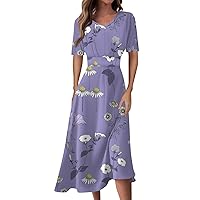 Maxi Dresses for Women 2024 Retro Dress V Neck Elegant Flowy Dress Spring Casual Short Sleeve Dress A Line Dress