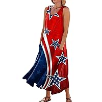 UOFOCO 4th of July Tank Dress for Women American Flag Print Sleeveless Plus Size Linen Cotton Solid Loose Fit Dress with Pockets Summer Dresses for Women 2024