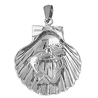 18K White Gold Shell With Mermaid & Dolphin Pendant, Made in USA