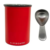 Airscape Stainless Steel Coffee Canister & Scoop Bundle - Food Storage Container - Patented Airtight Lid Pushes Out Excess Air - Preserve Food Freshness (Medium, Matte Red & Brushed Steel Scoop)