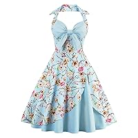 Women Vintage 1950s Rockabilly Swing Dress 50s Pinup Retro Hepburn Style A-Line Halterneck Floral Dresses