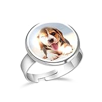 Small Cute Beagle Puppy Dog Tongue Adjustable Rings for Women Girls, Stainless Steel Open Finger Rings Jewelry Gifts