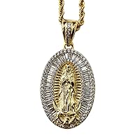 Iced Lady of Guadalupe Men Women 925 Italy Gold Finish Iced Silver Charm Pendant Stainless Steel Real 3 mm Rope Chain, Mans Jewelry, Iced Pendant, Rope Necklace 16