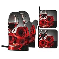Red Rose Wine Glass and Candle Oven Mitts and Pot Holders Set of 4, Fashion Heat Resistant Safe Cooking Baking Grilling BBQ Easy Washable Kitchen Accessories