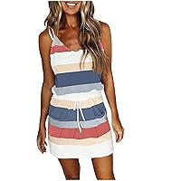 Sun Dresses for Women Casual V Neck Sleeveless Summer Beach Dress Trendy Striped Drawstring Tshirt Dress with Pockets