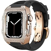 Luxury Diamond Watch Case Rubber Watch Strap And Clasp，For Apple Watch 8 7 6 5 4 SE 45mm 44mm，Fluoroelastomer Band Stainless Steel Case for Men Watch Accessories