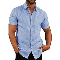 Button Down Short Sleeve Linen Shirts for Men Summer Casual Cotton Spread Collar Beach Shirts