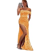 One Shoulder Mermaid Prom Homecoming Dresses Glitter Off The Shoulder Formal Evening Gown with High Split