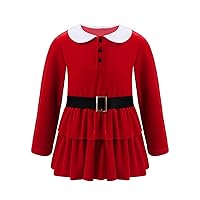 Kids Girls Christmas Dress Costume Velvet Lapel Long Sleeve Layered Ruffle Hem Dress with Belt for Fancy Party
