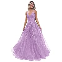Eightale Tulle Lace Appliques Sparkly Prom Dresses A Line with Slit V Neck Formal Party Dress