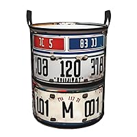 Old License Plate Round waterproof laundry basket,foldable storage basket,laundry Hampers with handle,suitable toy storage