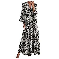 Xmiral Women's Summer 3/4 Sleeve Ruffle V-Neck Loose Dress Leopard Print Maxi Dress
