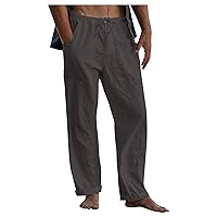Mens Jogging Pants Men Dress Pants Loose Casual Solid Color Cotton Linen Trousers Elastic Tie Printed Straight Pants