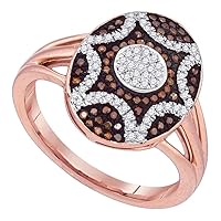 The Diamond Deal 10kt Rose Gold Womens Round Red Color Enhanced Diamond Oval Starburst Ring 1/3 Cttw