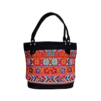 Floral Tribal Pattern Huipil Embroidered Black Vegan Suede Tote Purse Bag - Women Fashion Handmade Boho Travel Accessories
