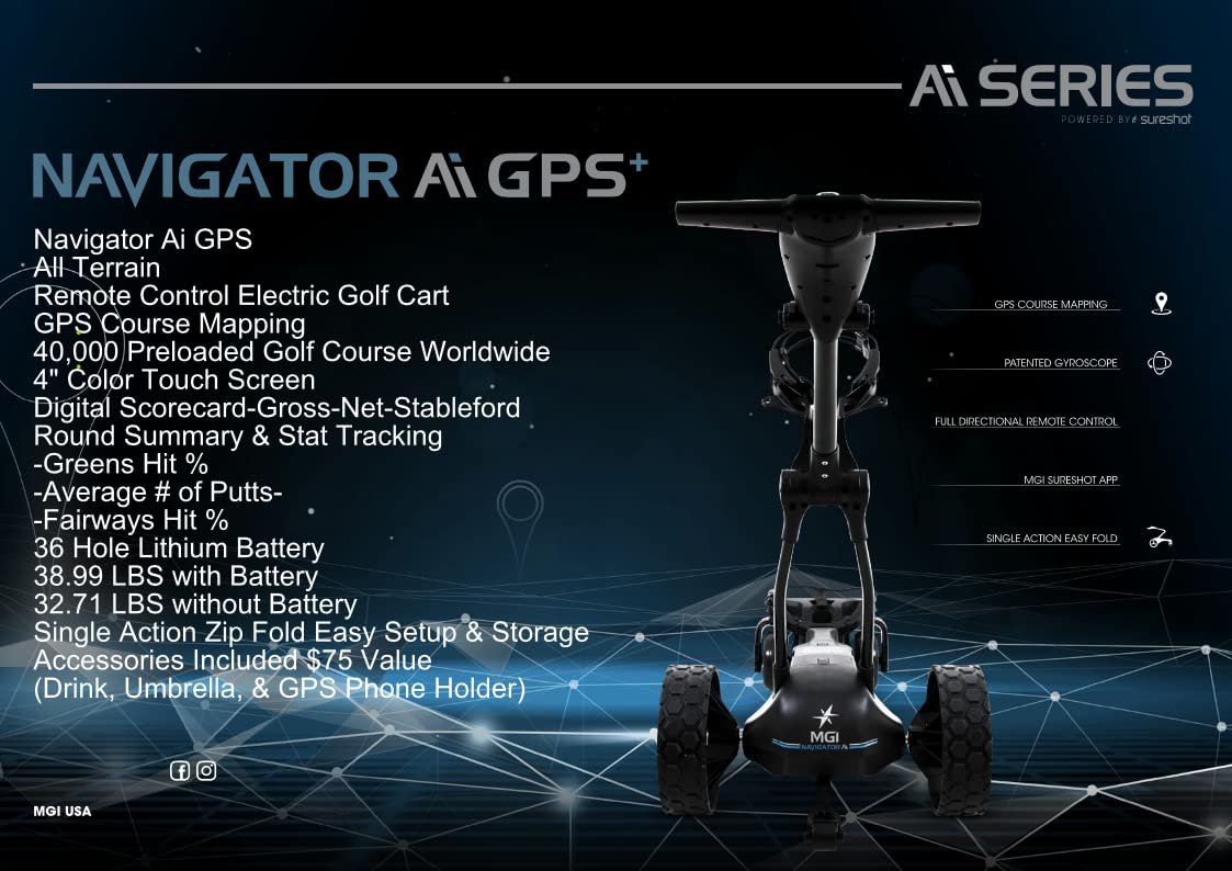 MGI Navigator Ai GPS+ Electric Golf Cart - 36 Hole Lithium Battery - Remote Control - Accessories Included (Drink, Umbrella, & GPS Phone Holder), Black