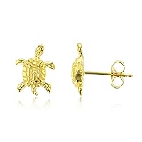 Solid 925 Sterling Silver Polished Sea Turtle Stud Earrings for Women and Girls | 12.5mm Gold Plated Hypoallergenic Studs