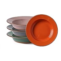 Ceramic Soup Bowls, Wide Rimmed Bowl Set for Pasta, Spaghetti, Dipping Bread, Salad, 21 Oz Serving Bowls for kitchen, 9.5'' Colorful Flat Dinner Dishe Plates, Set of 4
