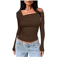 Womens Fashion Shirts Long Sleeve Y2k Tops Scoop Neck Tight Tees Off Shoulder Tshirts Going Out Blouses Soft T Shirts