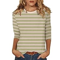 Women 2024 Fashion Striped Tops 3/4 Length Sleeve Shirt Casual Crewneck Tee Blouses Three Quarter Sleeve T Shirts