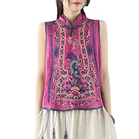 Retro Embroidery Cotton Linen Chinese Traditional Women's Vest Style Pullover Ladies Summer Exquisite Stand Collar Top