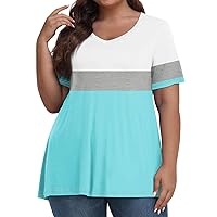 Women's Summer Tops Plus Size V Neck Short Sleeve Loose Fit Shirts Striped Tie Dye Color Block Tunic Casual Blouse