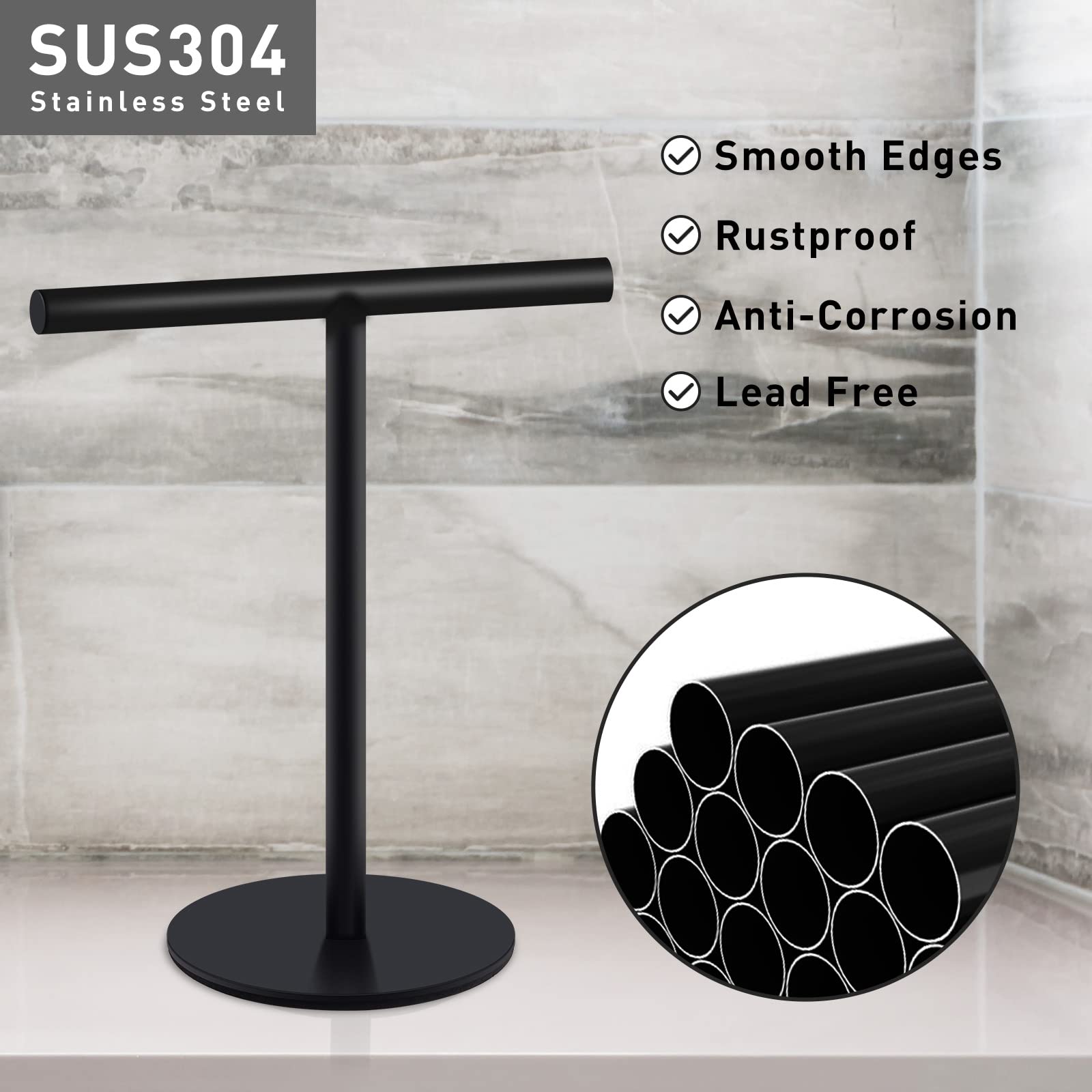 Mutclord T-Shape Hand Towel Holder - Free Standing Hand Towel Rack for Bathroom or Kitchen Countertops, with SUS304 Stainless Steel Matte Black Finish, Minimalist Style